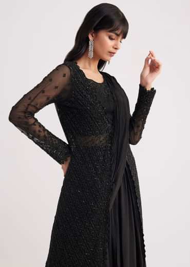 Black Embroidered Draped Skirt Saree With Blouse And Matching Jacket