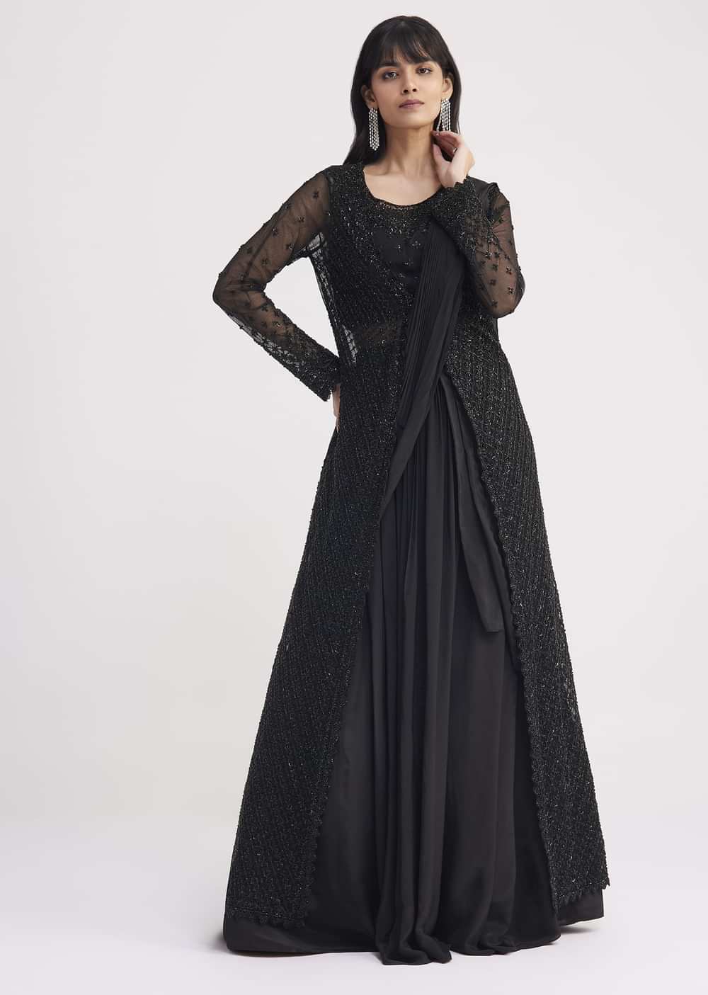 Black Embroidered Draped Skirt Saree With Blouse And Matching Jacket
