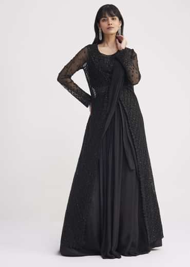 Black Embroidered Draped Skirt Saree With Blouse And Matching Jacket
