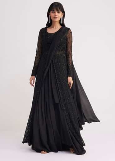 Black Embroidered Draped Skirt Saree With Blouse And Matching Jacket