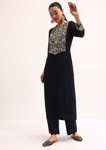 Black Embroidered Georgette Kurta Pant