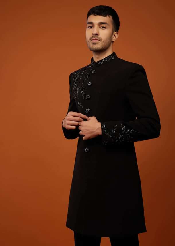 Black Embroidered Indo-Western Sherwani Set In Imported Suiting Fabric Black Embroidered Indo-Western Sherwani Set In Imported Suiting Fabric
