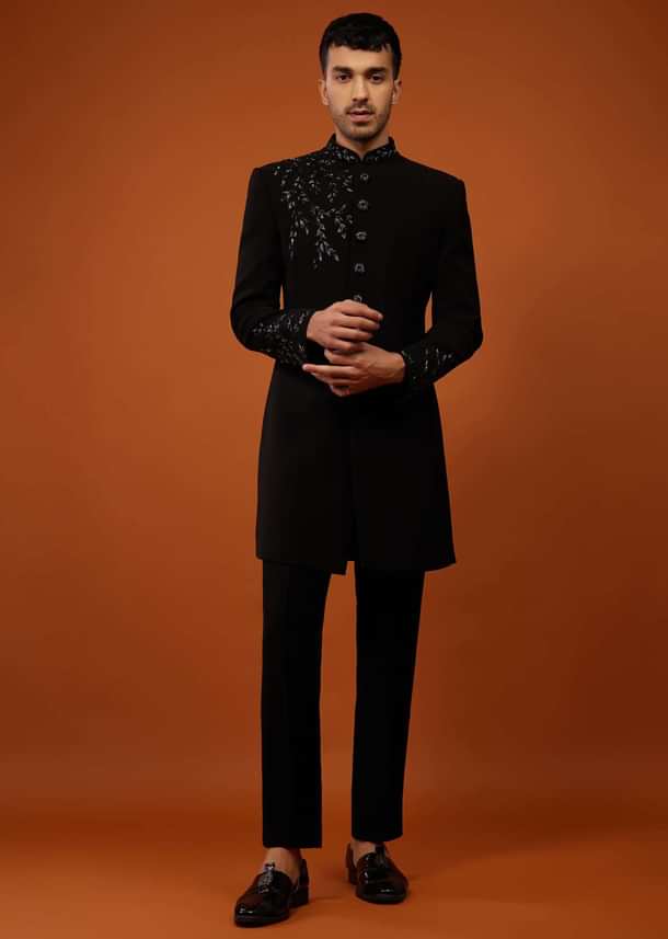 Black Embroidered Indo-Western Sherwani Set In Imported Suiting Fabric Black Embroidered Indo-Western Sherwani Set In Imported Suiting Fabric