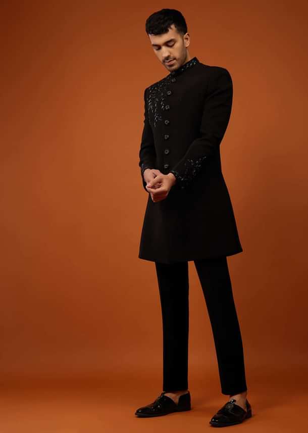 Black Embroidered Indo-Western Sherwani Set In Imported Suiting Fabric Black Embroidered Indo-Western Sherwani Set In Imported Suiting Fabric