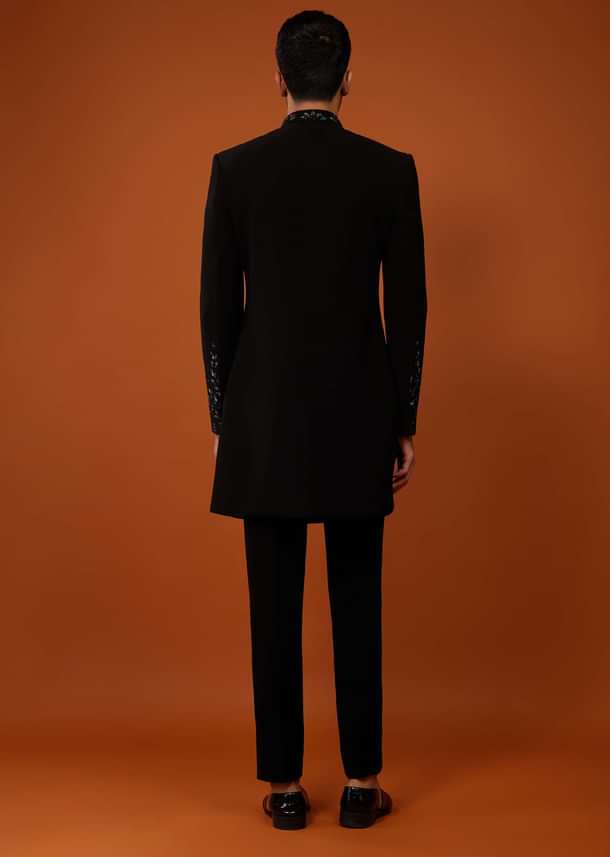Black Embroidered Indo-Western Sherwani Set In Imported Suiting Fabric Black Embroidered Indo-Western Sherwani Set In Imported Suiting Fabric
