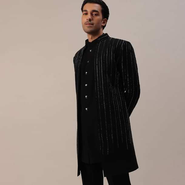 Black Embroidered Indowestern In Suiting Fabric