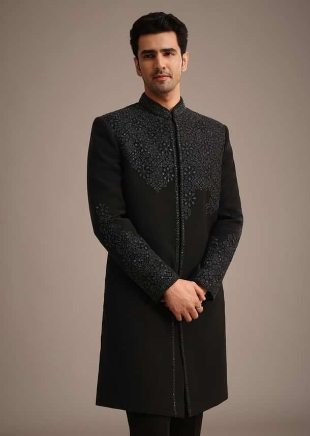Black Embroidered Indowestern Set With Cutdana Work Black Embroidered Indowestern Set With Cutdana Work