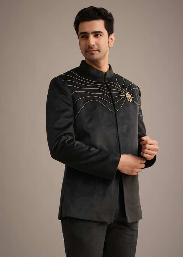 Black Embroidered Jodhpuri Set With Poth Work In Suede Black Embroidered Jodhpuri Set With Poth Work In Suede