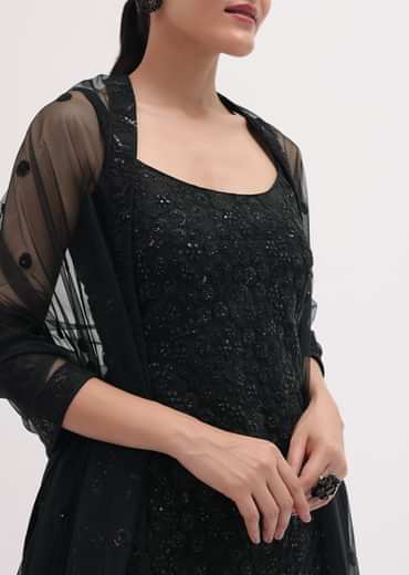Black Embroidered Net Kurta Palazzo Set