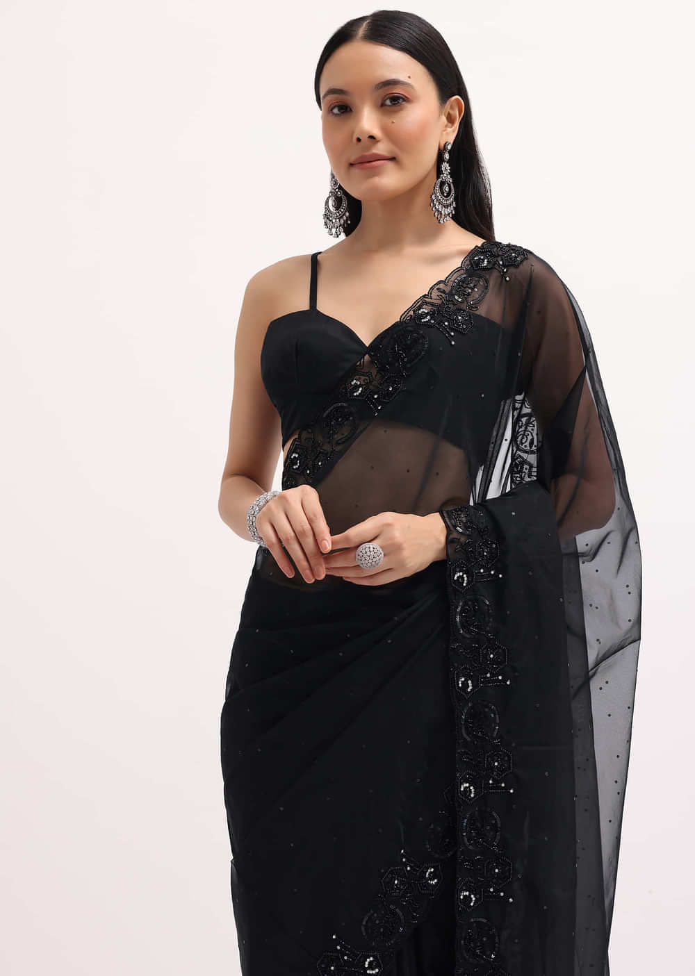 Black Embroidered Organza Saree With Unstitched Blouse