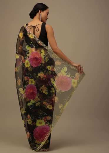 Black Embroidered Saree In Organza With Vibrant Floral Print