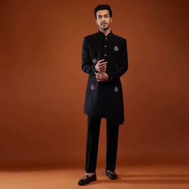 Black Embroidered Sherwani Set In Suiting Fabric