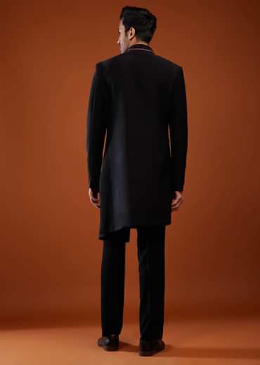 Black Embroidered Sherwani Set In Suiting Fabric