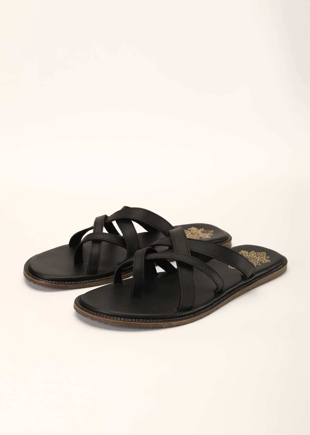 Black Flats In Rexine Leather With Criss Cross Straps