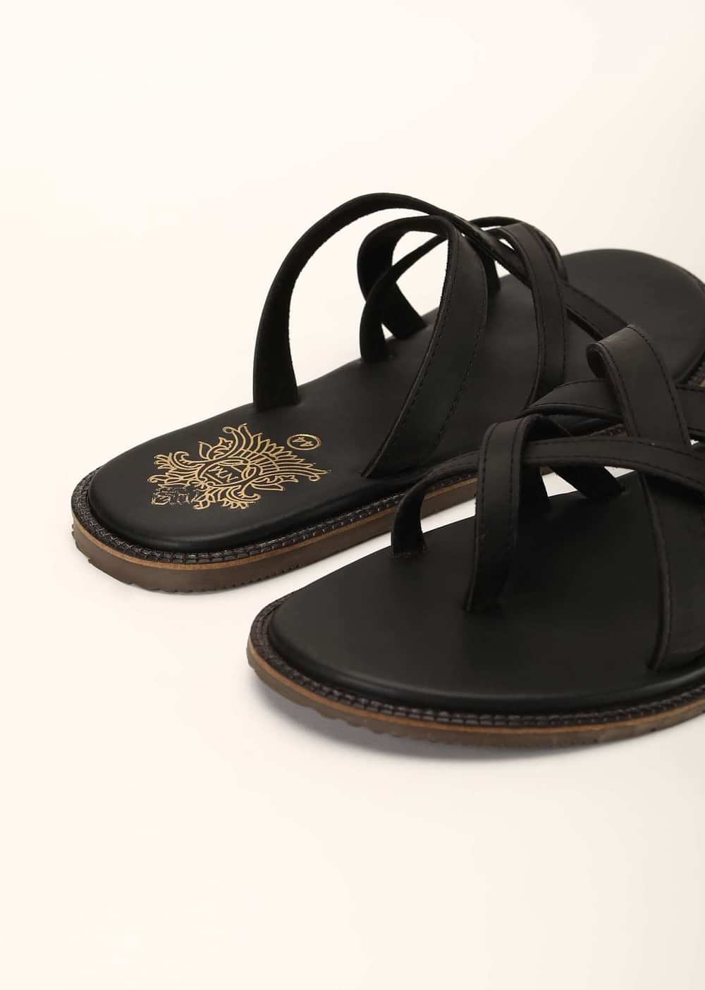 Black Flats In Rexine Leather With Criss Cross Straps