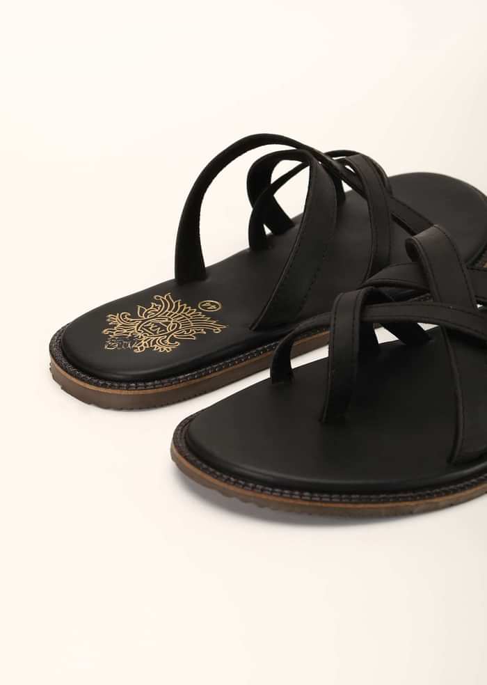 Black Flats In Rexine Leather With Criss Cross Straps
