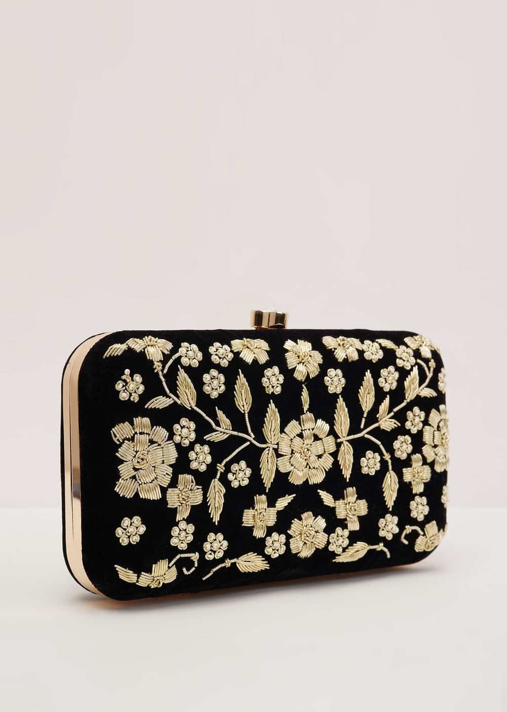 Black Floral Clutch On Silk Fabric