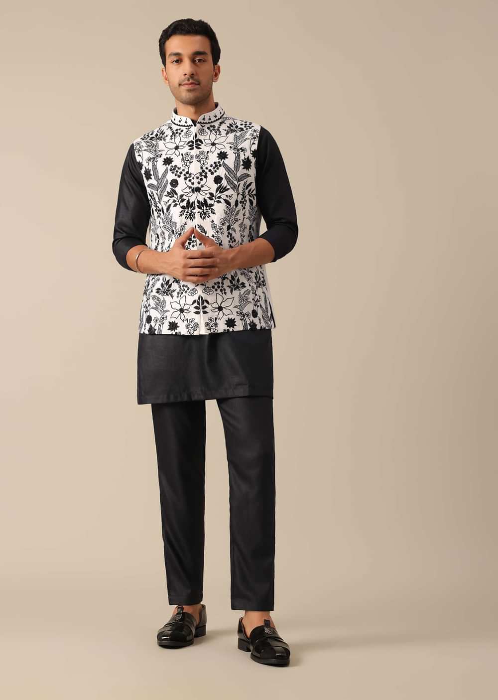 Black Floral Embroidered Jacket And Kurta Set