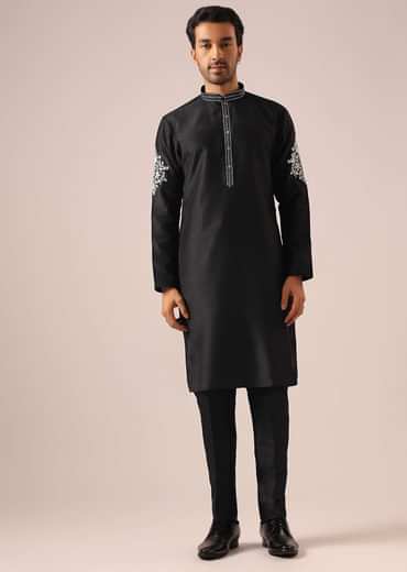 Black Floral Jacket And Kurta Set