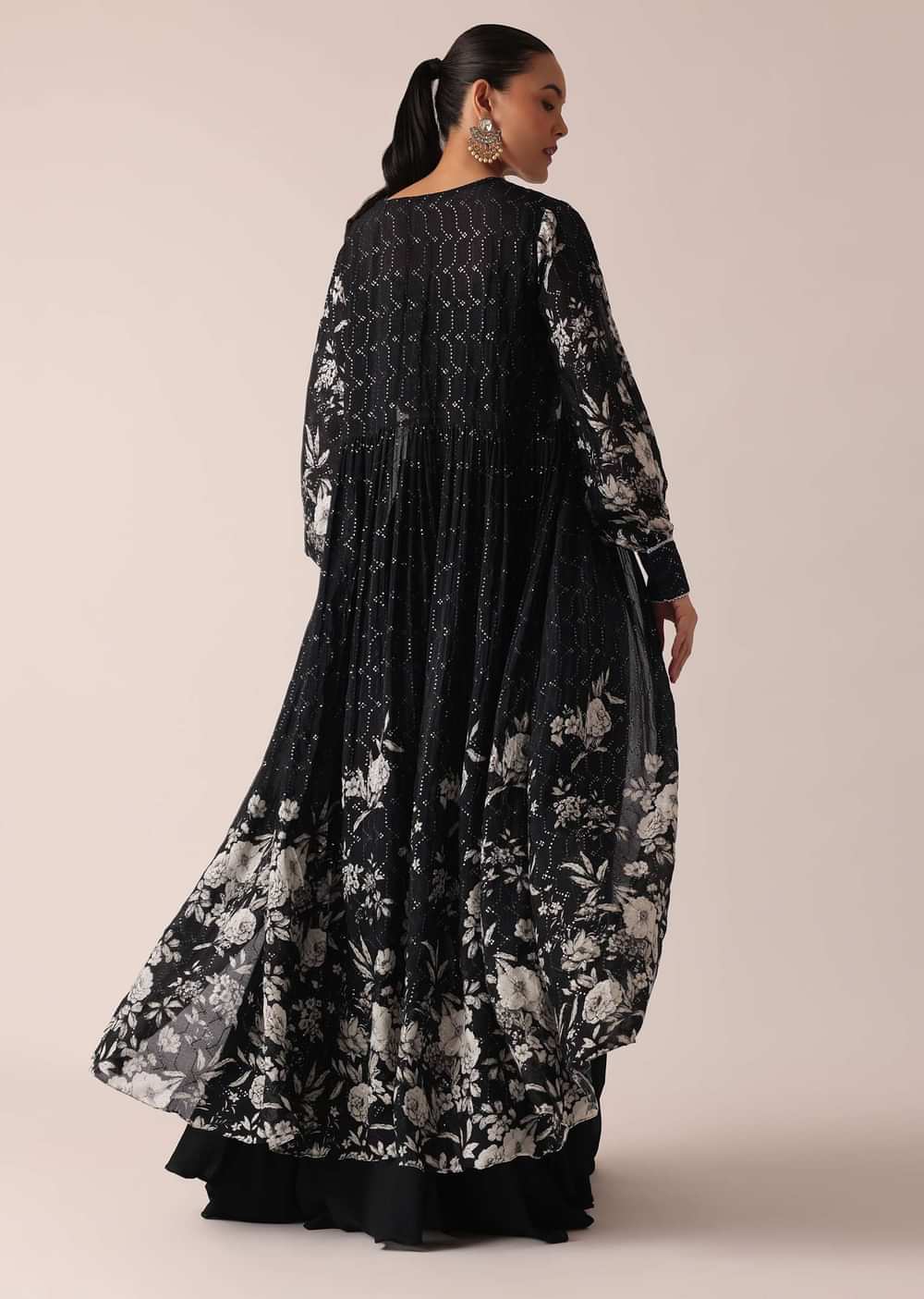 Black Floral Print Crop Top And Sharara Set