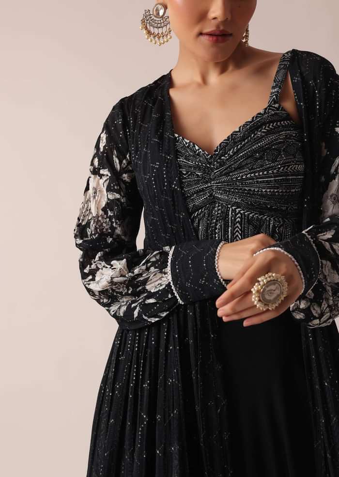 Black Floral Print Crop Top And Sharara Set