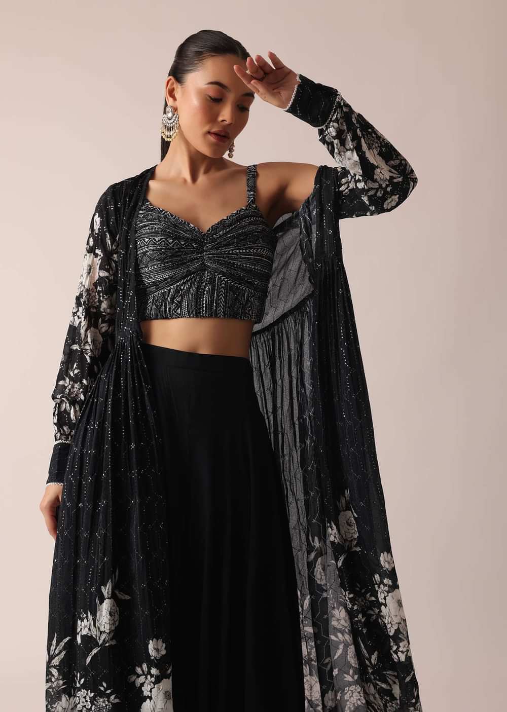 Black Floral Print Crop Top And Sharara Set