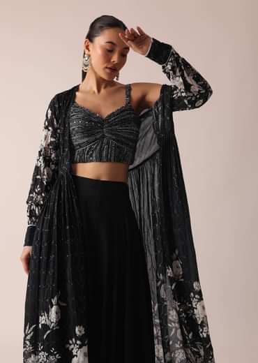 Black Floral Print Crop Top And Sharara Set