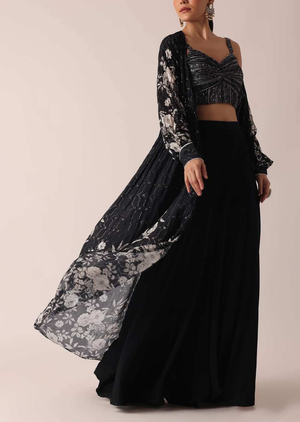Black Floral Print Crop Top And Sharara Set