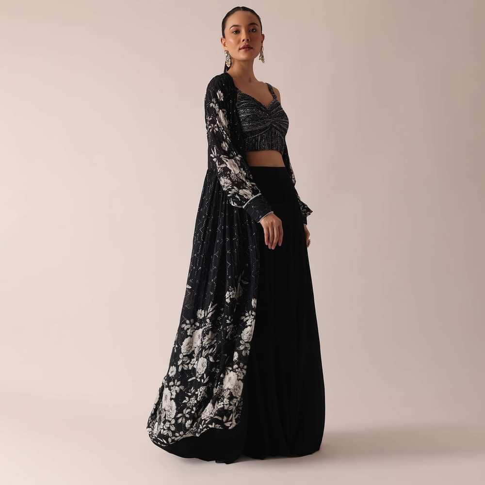 Black Floral Print Crop Top And Sharara Set