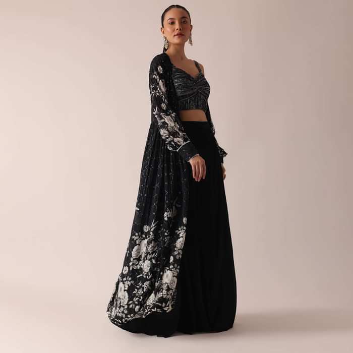 Black Floral Print Crop Top And Sharara Set