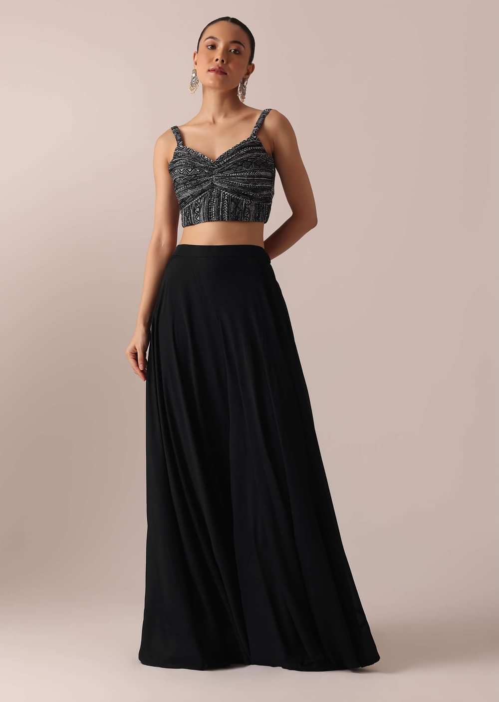 Black Floral Print Crop Top And Sharara Set