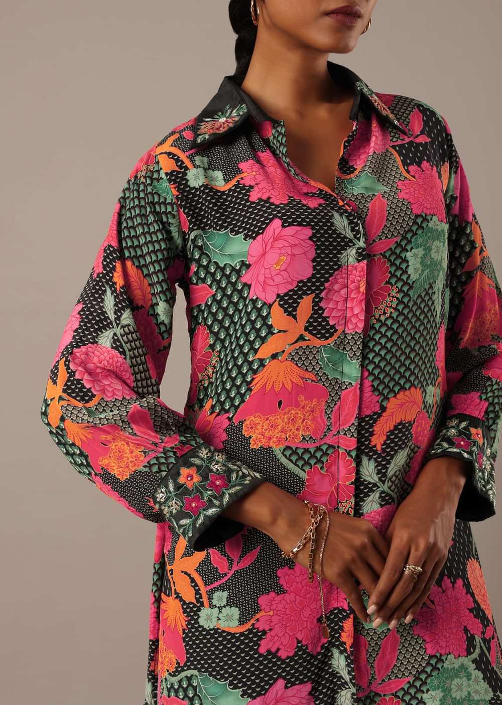 Black Floral Print Short Kurt Set With Sequin Work