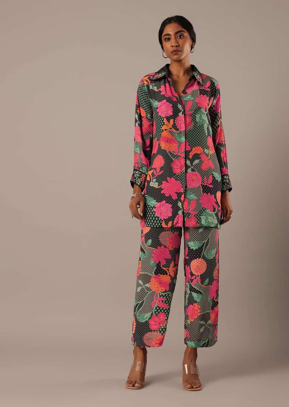 Black Floral Print Short Kurt Set With Sequin Work