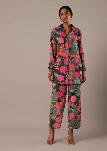 Black Floral Print Short Kurt Set With Sequin Work