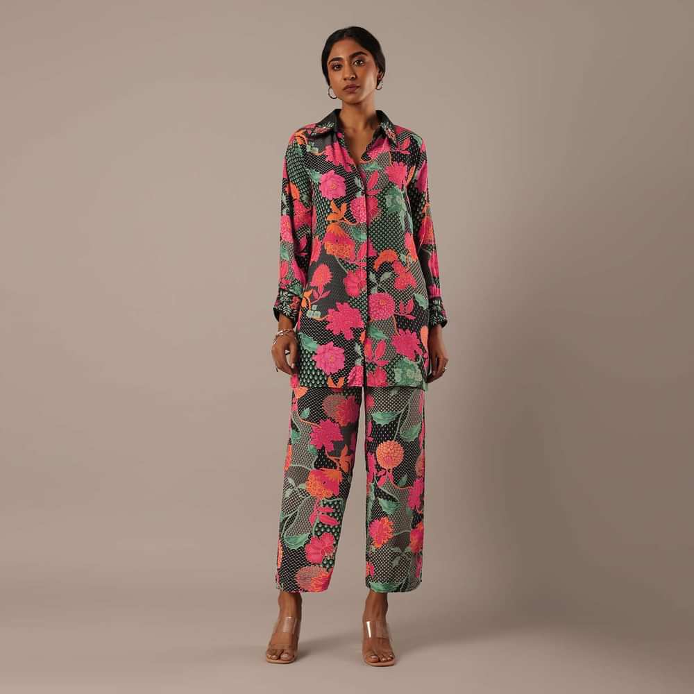 Black Floral Print Short Kurt Set With Sequin Work