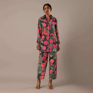 Black Floral Print Short Kurt Set With Sequin Work