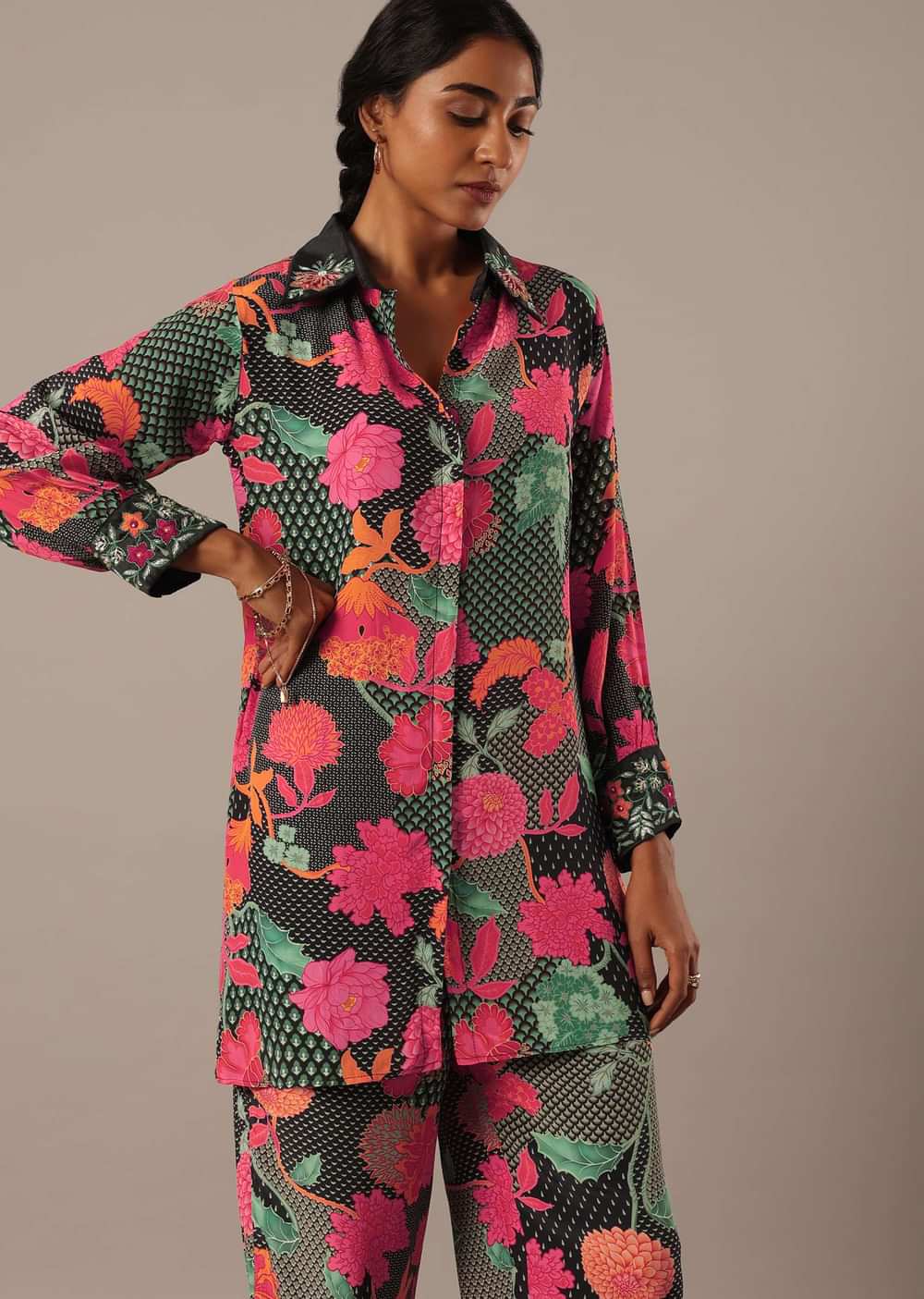 Black Floral Print Short Kurt Set With Sequin Work