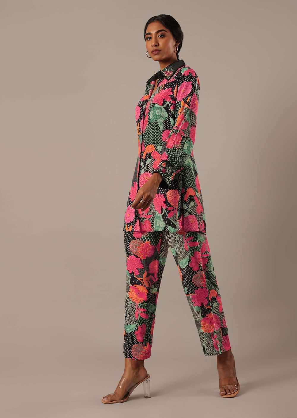Black Floral Print Short Kurt Set With Sequin Work