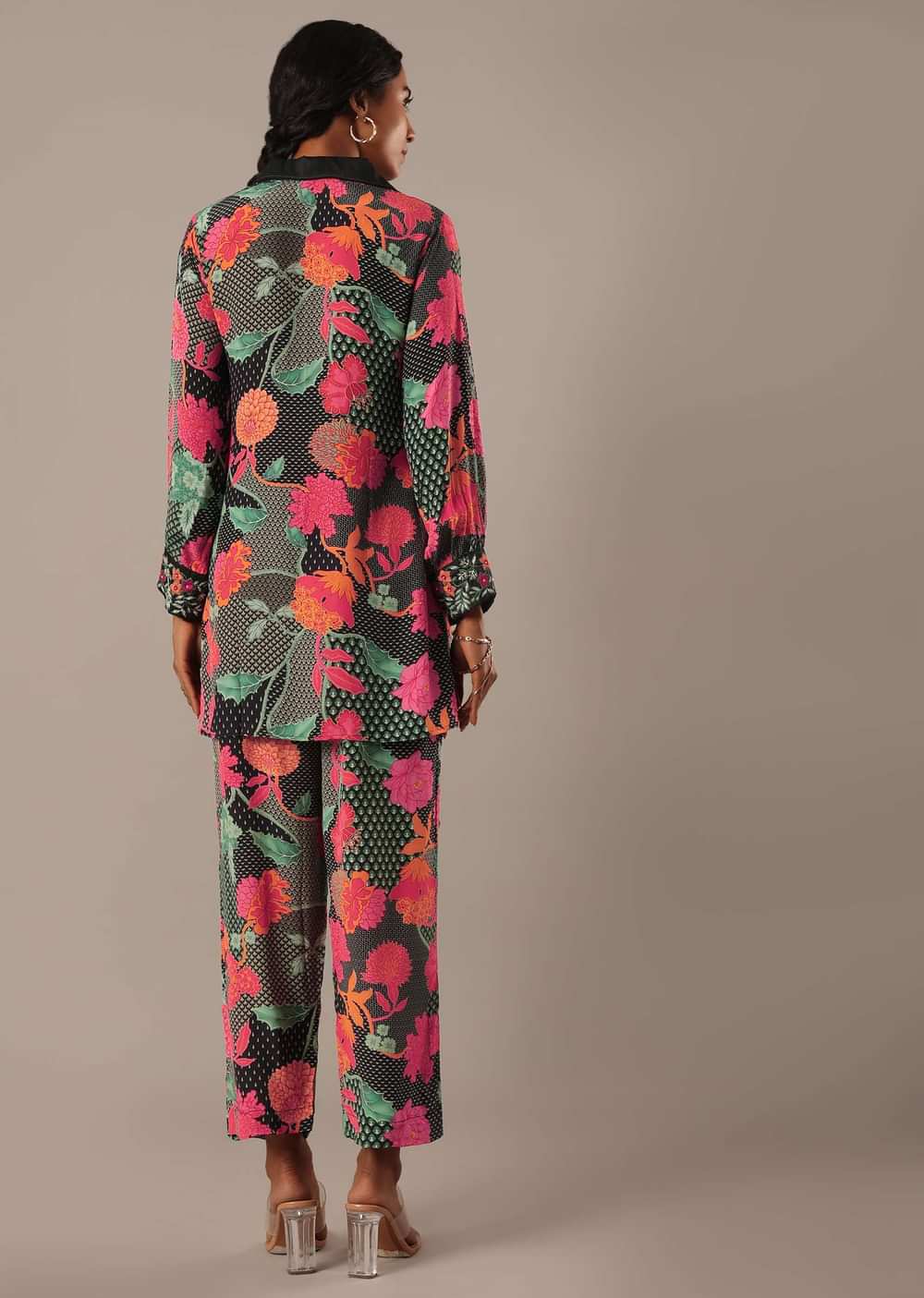 Black Floral Print Short Kurt Set With Sequin Work