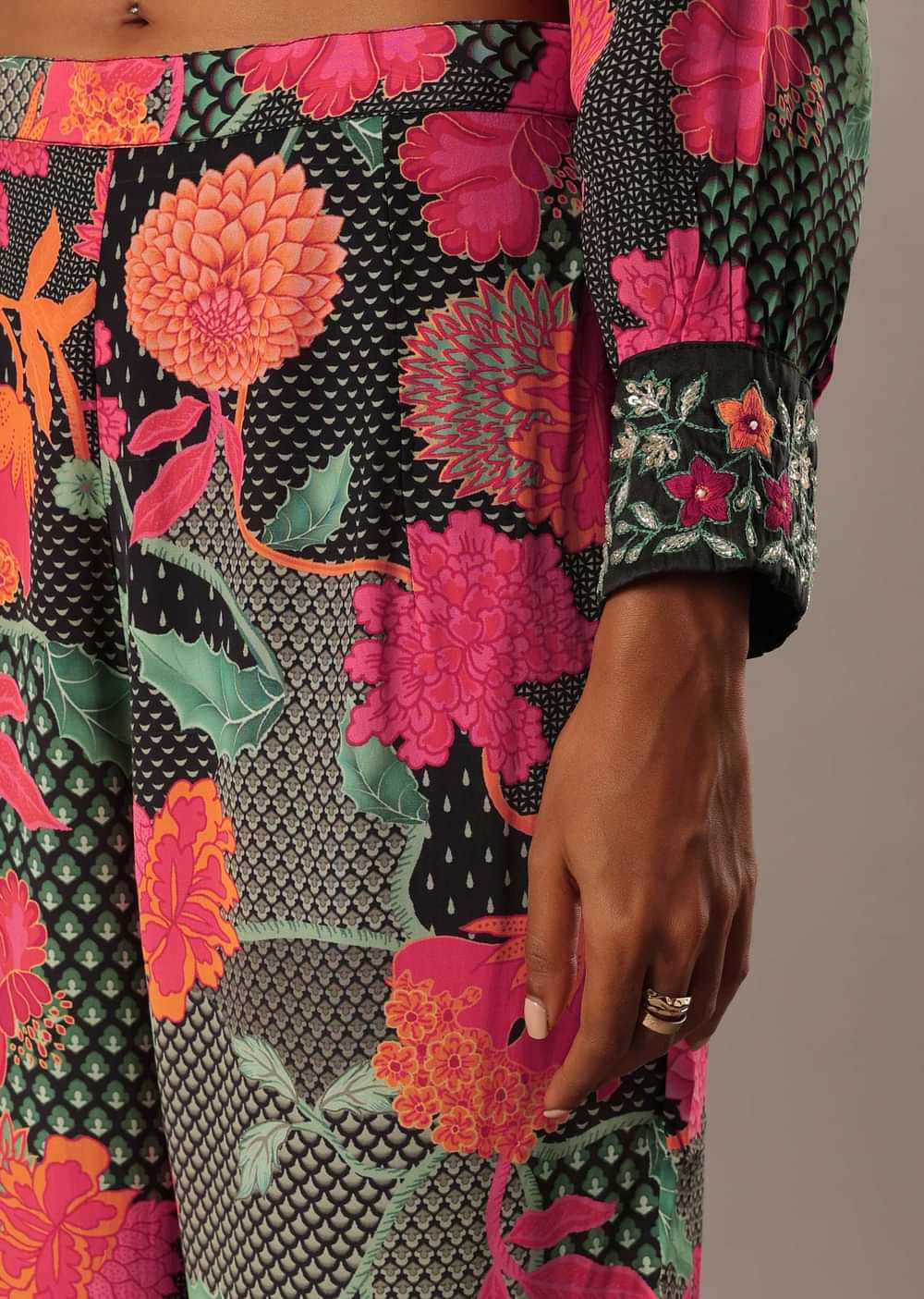 Black Floral Print Short Kurt Set With Sequin Work