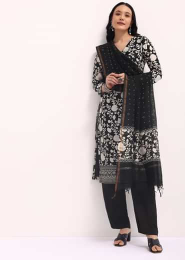 Black Floral Printed Chanderi Kurta Set With Bandhani Dupatta