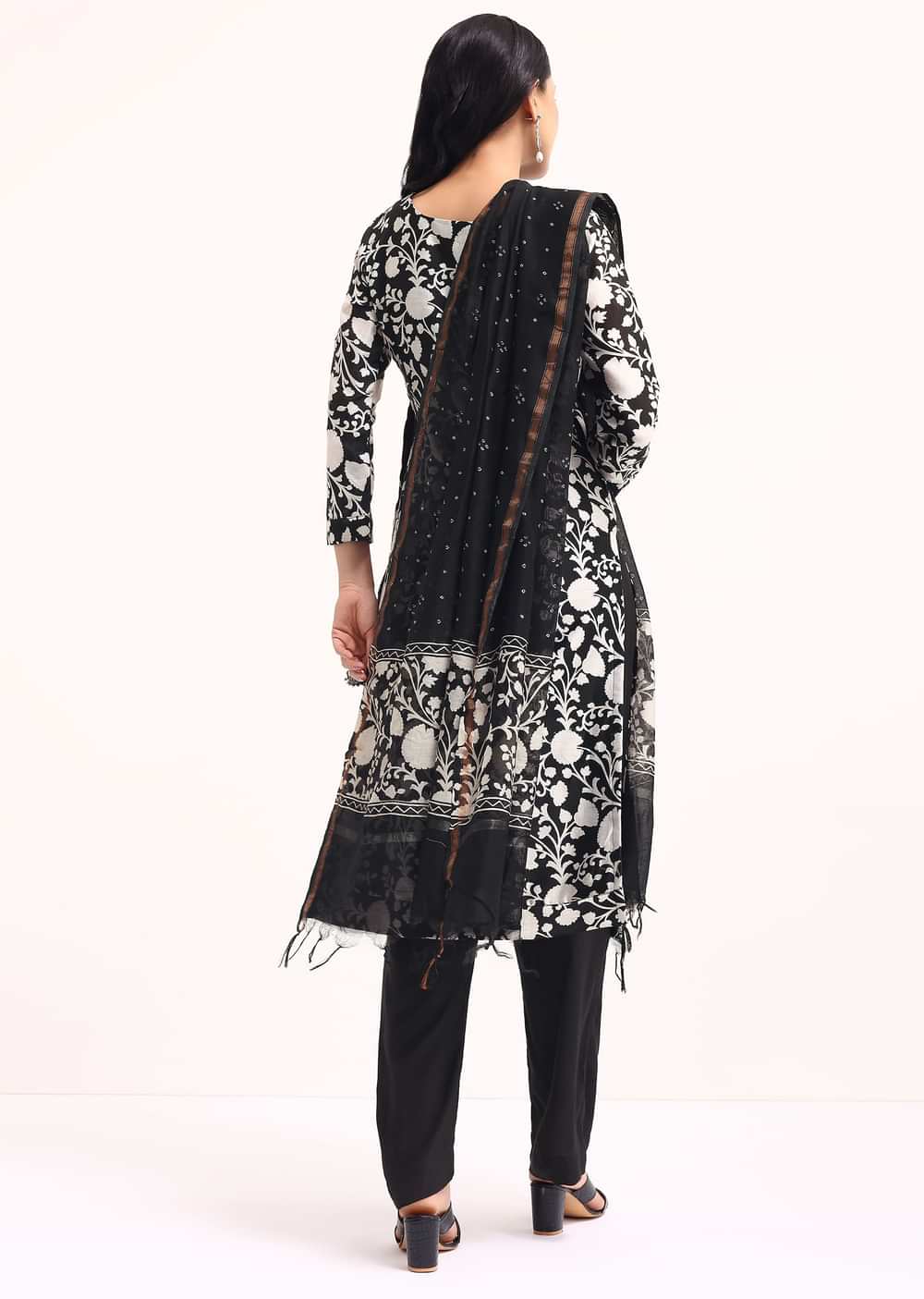 Black Floral Printed Chanderi Kurta Set With Bandhani Dupatta