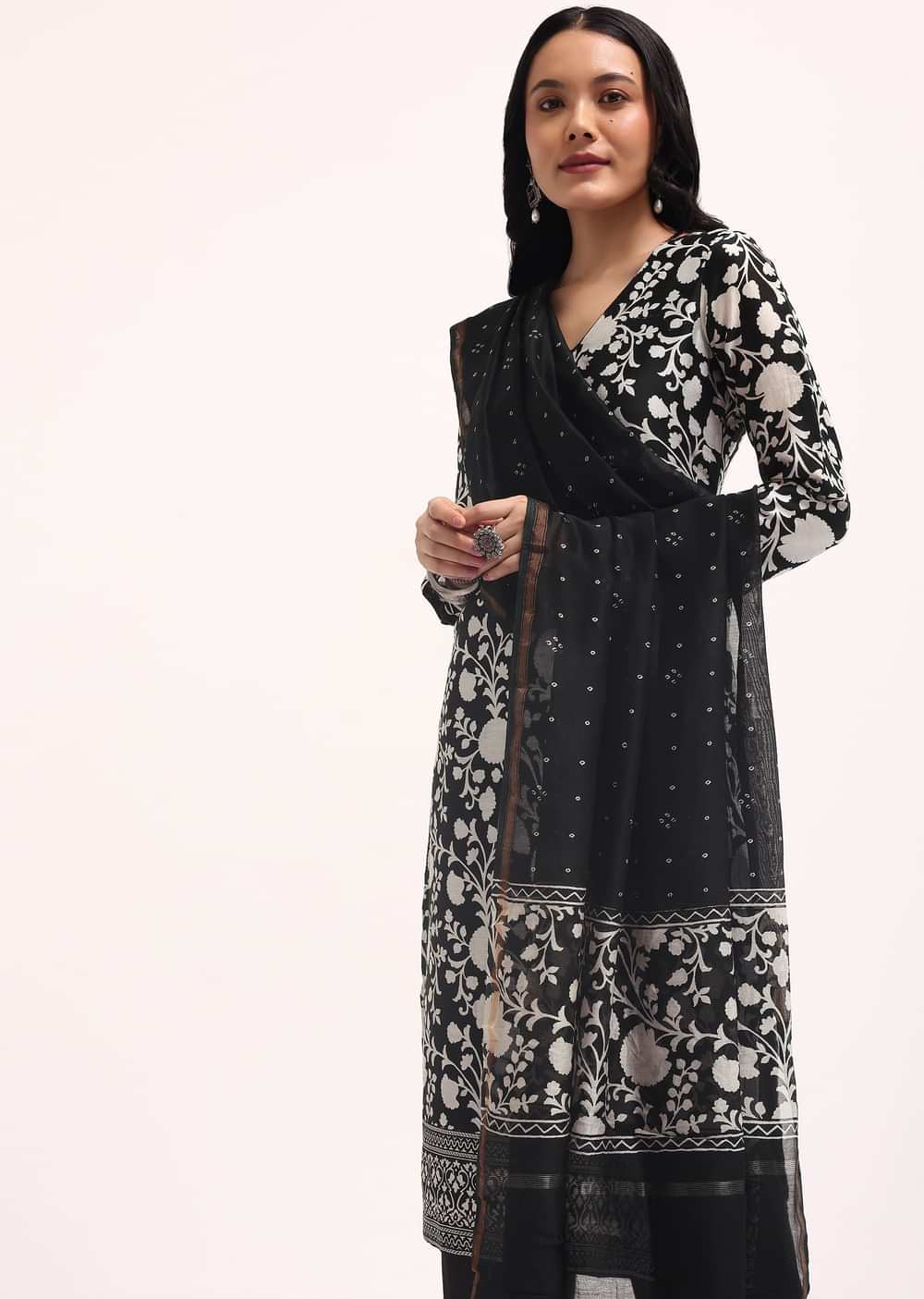 Black Floral Printed Chanderi Kurta Set With Bandhani Dupatta