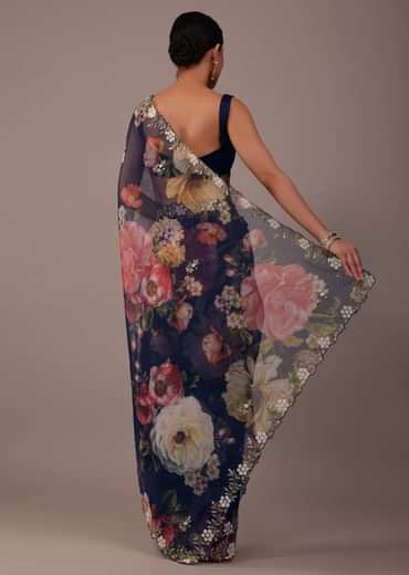 Navy blue Floral Printed Saree In Organza With Cut Dana Embroidery