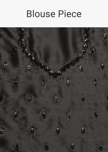 Black Floral Printed Satin Saree With Sequins Lace Border