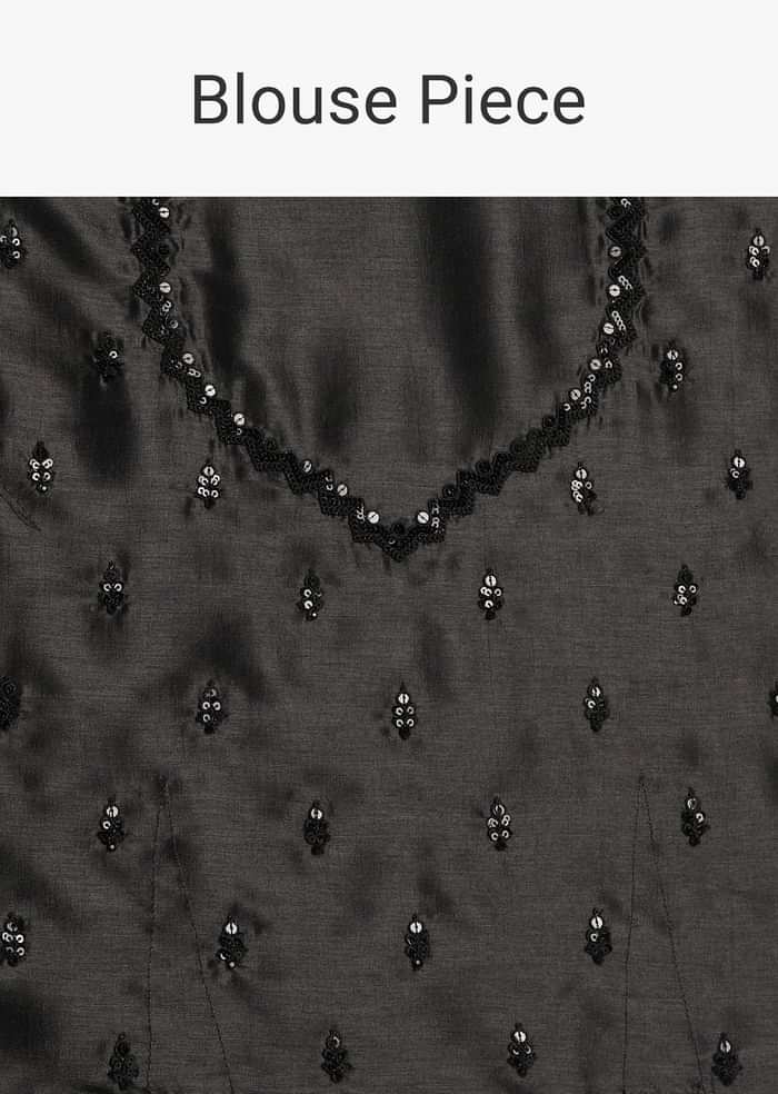 Black Floral Printed Satin Saree With Sequins Lace Border