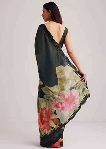 Black Floral Printed Satin Saree With Sequins Lace Border