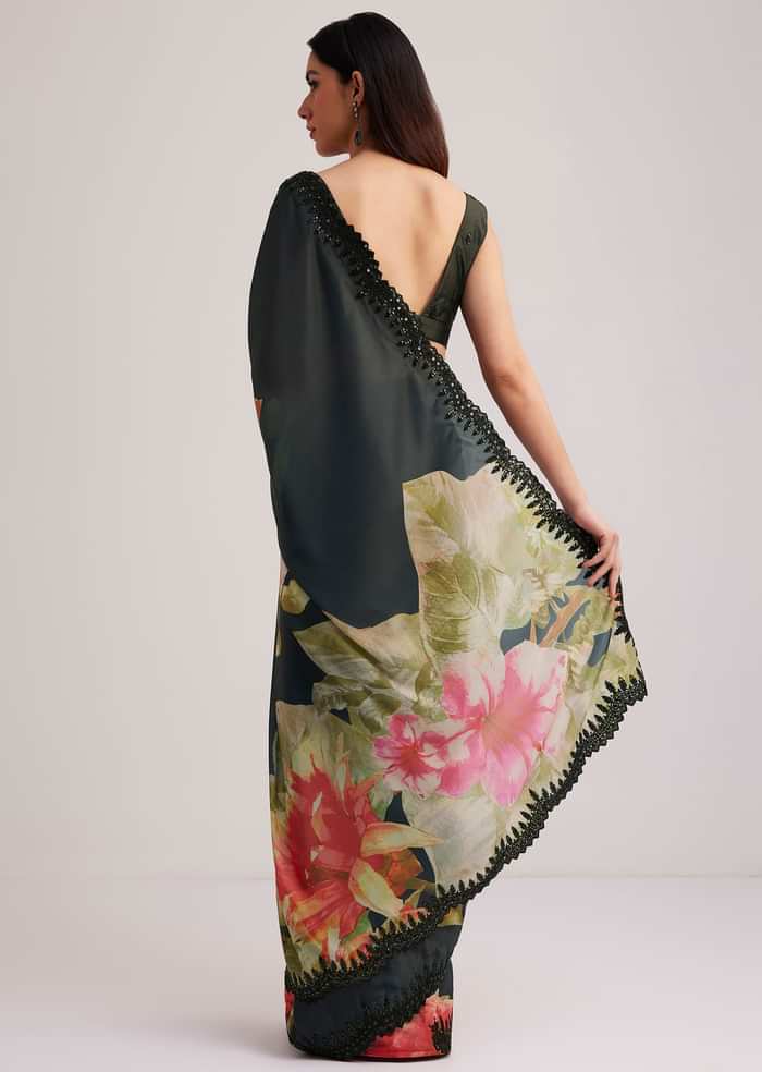 Black Floral Printed Satin Saree With Sequins Lace Border