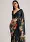 Black Floral Printed Satin Saree With Sequins Lace Border