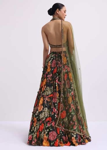 Black Floral Printed Silk Lehenga Choli Set